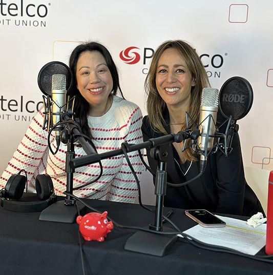 Patelco employees Michele Enriquez and Kristi Longoria at the podcast desk