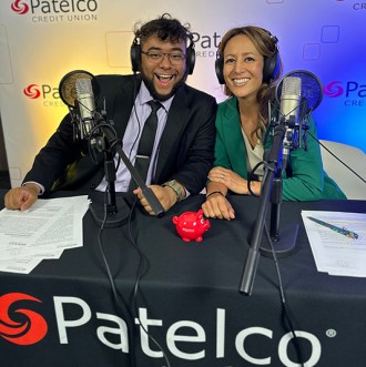 Patelco employees Michele Enriquez and Maurice Catlett at the podcast desk