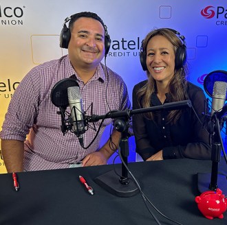 Patelco employees Michele Enriquez and Mel Murguia at the podcast desk