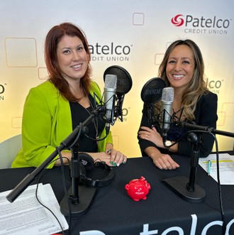 Patelco employees Michele Enriquez and Kelley Young at the podcast desk