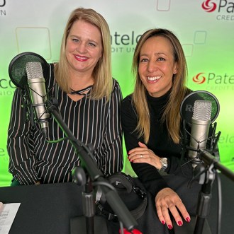 Patelco employees Michele Enriquez and Jennifer Mink at the podcask desk