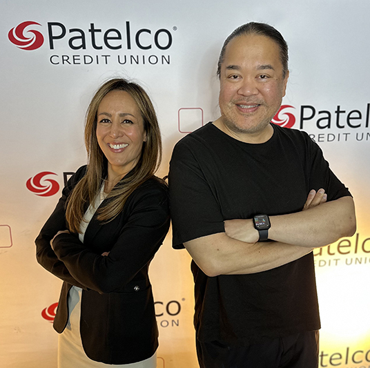 Patelco Employees Michele Enrique and Erwin Lemi at the podcast desk.