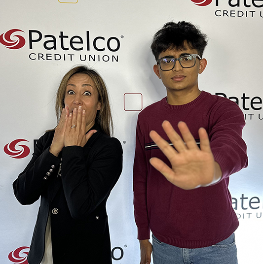 Patelco Employee Michele Enriquez and Dublin High School Student Aayush Gandhi at the Podcast Desk