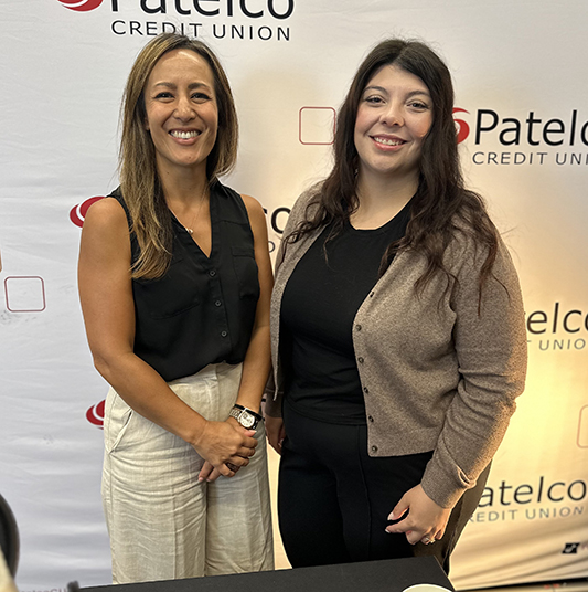 Patelco Employee Michele Enriquez and Yolanda Carcamo, Adult Protective Services supervisor for the Community Response Unit for the Alameda County Division at the podcast desk.