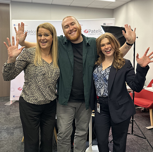 Patelco Emplyees Jennifer Mink, Lauren Goucher, and Andrew Farrell in the podcast studio.